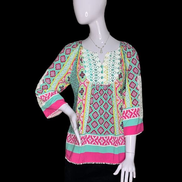 Multiples Boho Top Long Sleeve Multicolor Moroccan Print Size S 100% Ray… - Picture 12 of 15